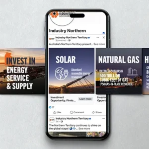 Report, Publication and Capability Statement Design Social media advertisement promoting investment opportunities in the Northern Territory energy sector displayed on a mobile phone.