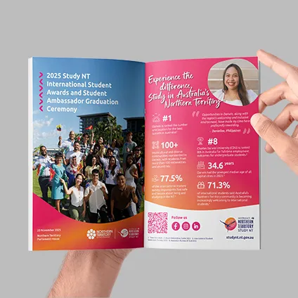 Study NT brochure designed to promote international education and student ambassador programs in the Northern Territory.