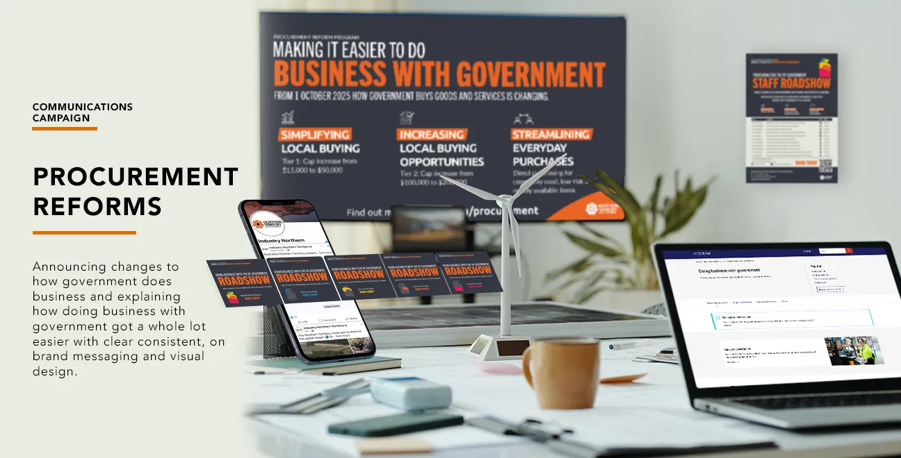 Northern Territory Government procurement reforms communications plan slides displayed on a desktop computer