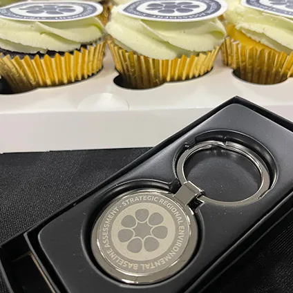 Branded promotional keyring created for the NTG Strategic Regional Environmental and Baseline Assessment project.