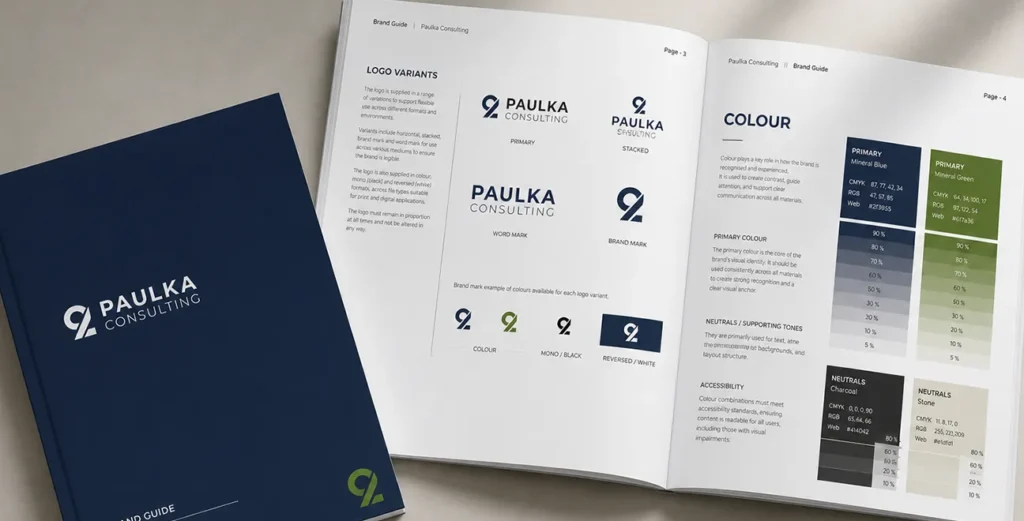 Paulka Consulting brand guidelines showing logo variations, brand colours and supporting tones