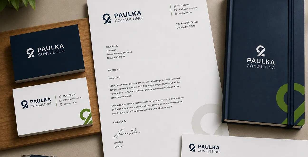 Paulka Consulting visual identity applied to business cards, letterhead, notebooks and corporate stationery