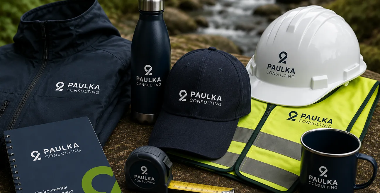 Paulka Consulting logo applied to workwear, safety equipment, drinkware and branded merchandise