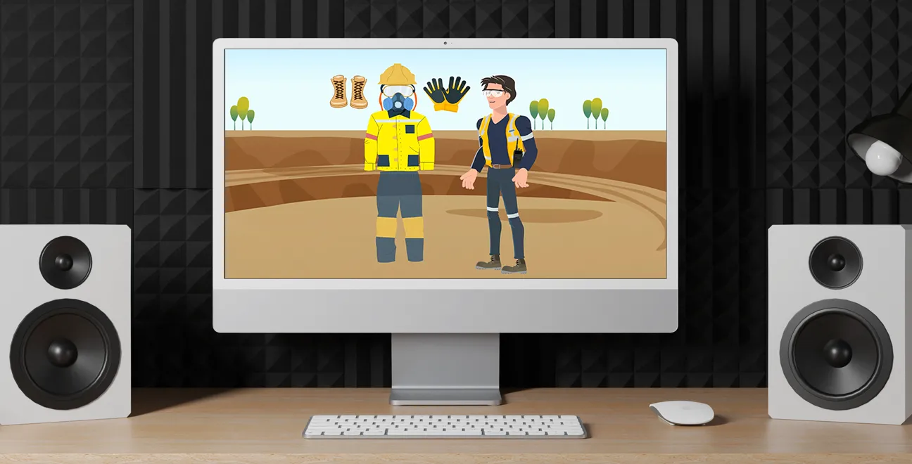 Animated workplace safety scene showing a worker wearing personal protective equipment