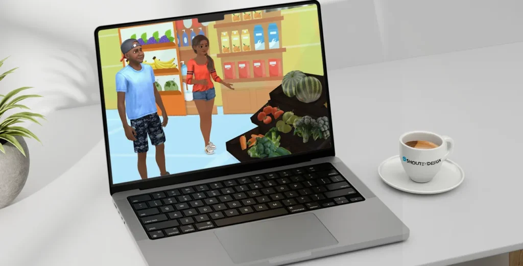 Animated retail customer service training scene showing an employee assisting a customer in a store
