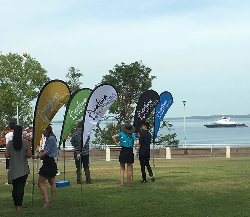 Event flag design created for the Arafura Games featuring branded promotional flags for a Northern Territory Government event.