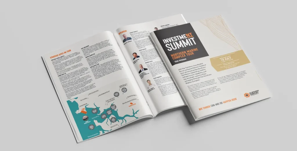 Publication and report design for the Northern Territory Investment Summit featuring editorial layout, event programme and corporate publication design.