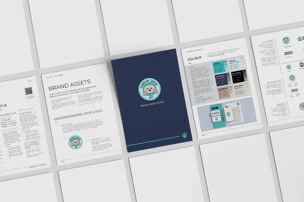 Therapy Dogs NT visual identity showing logo, colour palette, brand assets and application guidelines