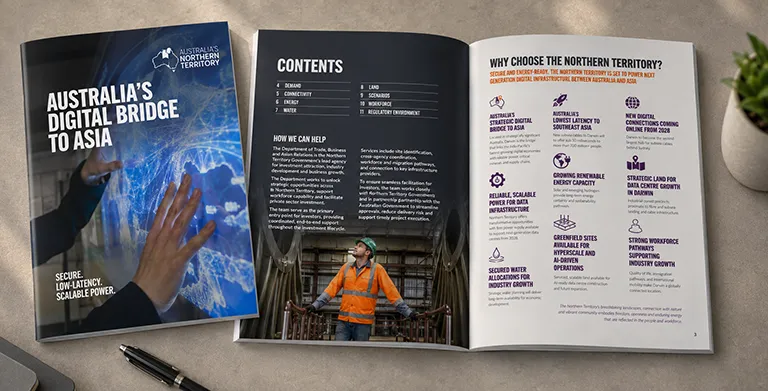 Northern Territory investment publication and booklet design showing cover and internal page layouts