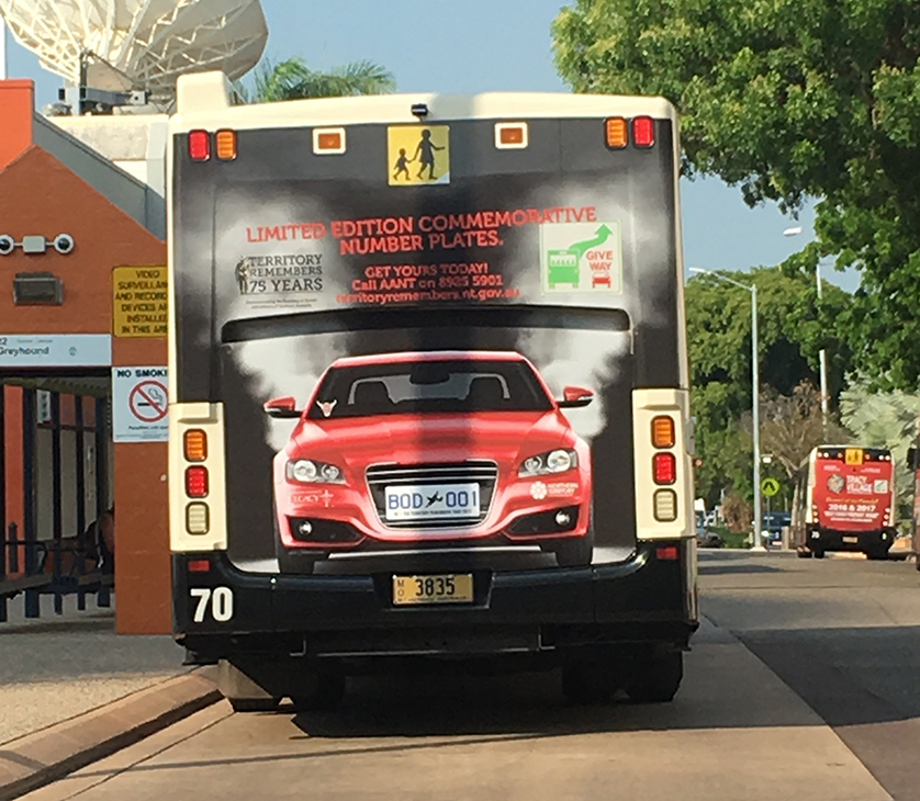 Bus advertising design created for the Territory Remembers campaign promoting commemorative number plates.